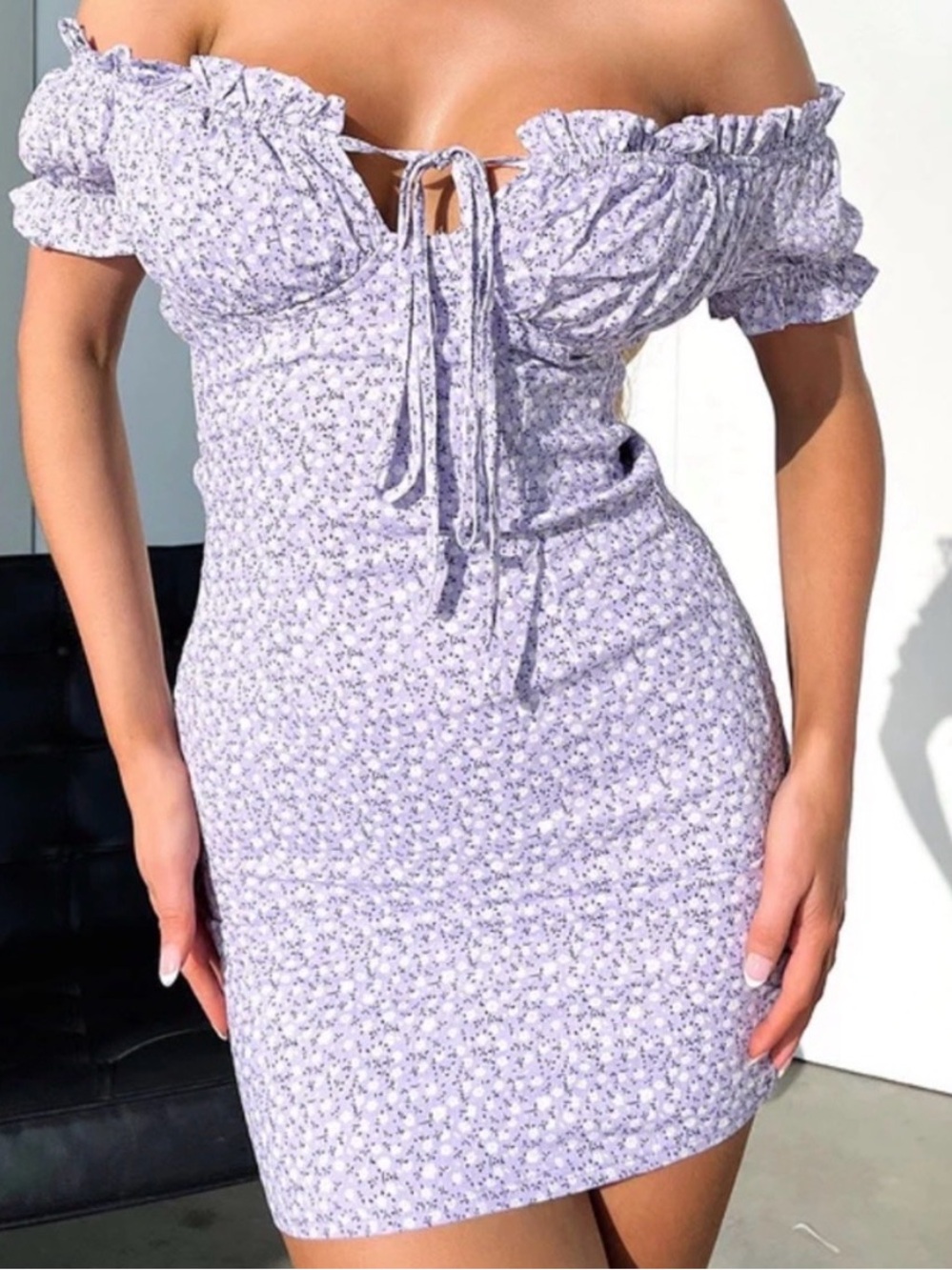 Thatsofetch Off-Shoulder Lavender Floral Bodycon Dress